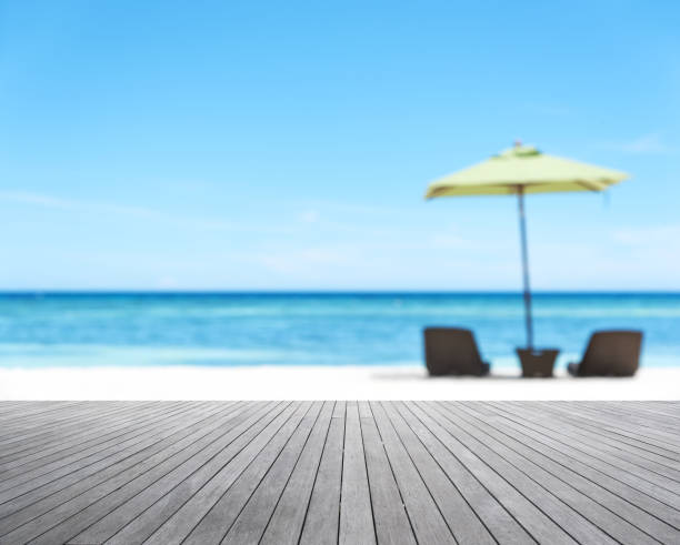 istock Wooden platform with tropical beach abstract background 845413976