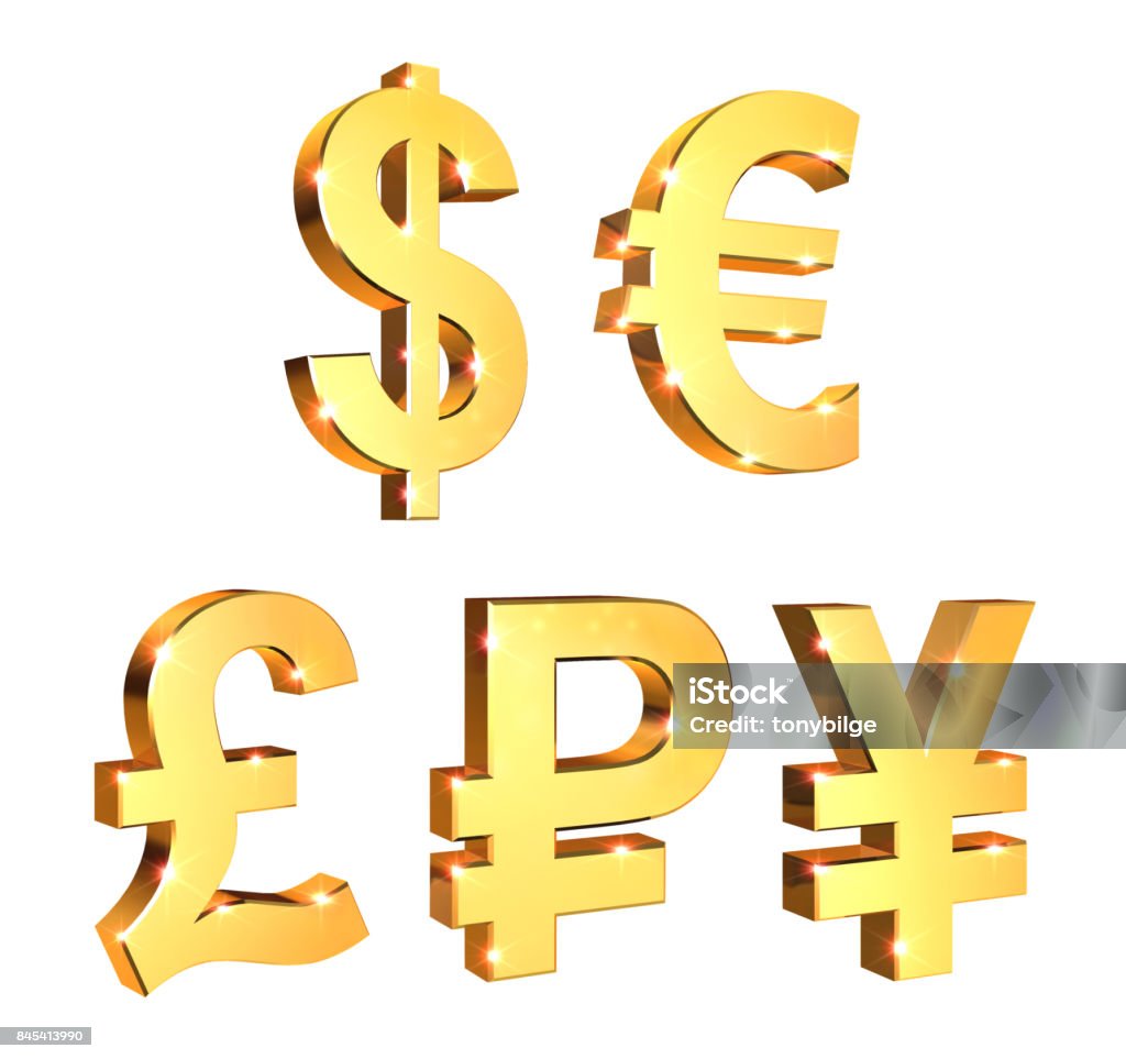 Shiny Golden Currency Symbols Set - 3d illustration Currency Symbols Set on a white background with lens flare effect - 3d rendering Currency Symbol Stock Photo