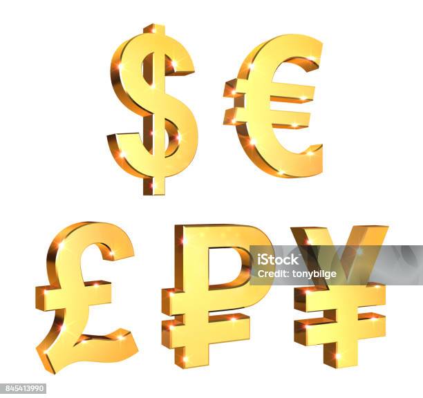 Shiny Golden Currency Symbols Set 3d Illustration Stock Photo - Download Image Now