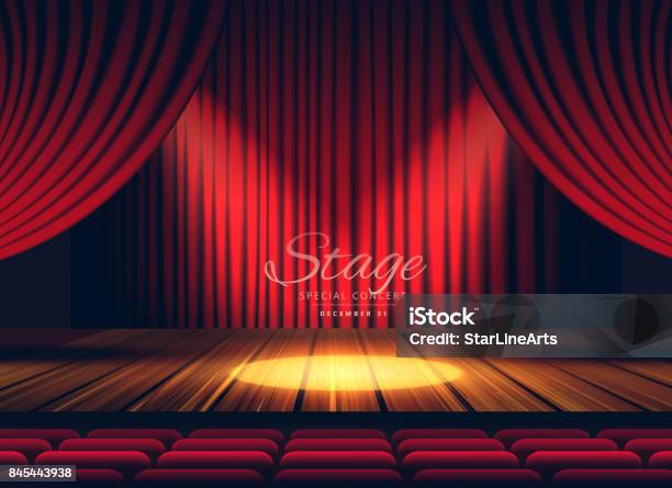 Premium Red Curtains Stage Theater Or Opera Background With Spotlight Stock Illustration - Download Image Now