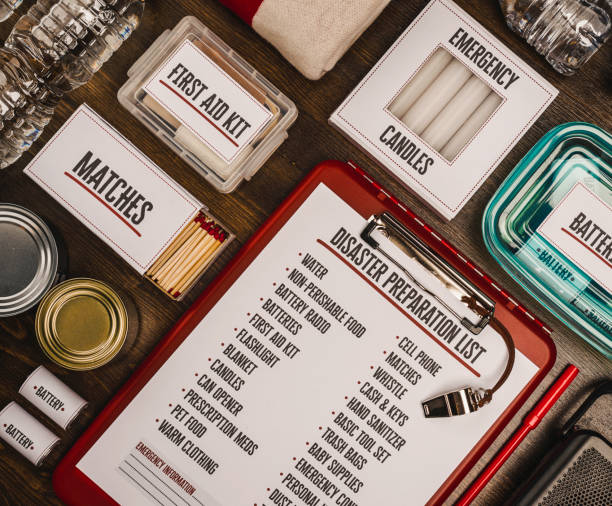 istock Disaster preparation kit flat lay. Items needed for disaster preparedness 845446796