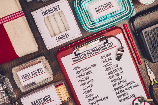 istock Disaster preparation kit flat lay. Items needed for disaster preparedness 845446864