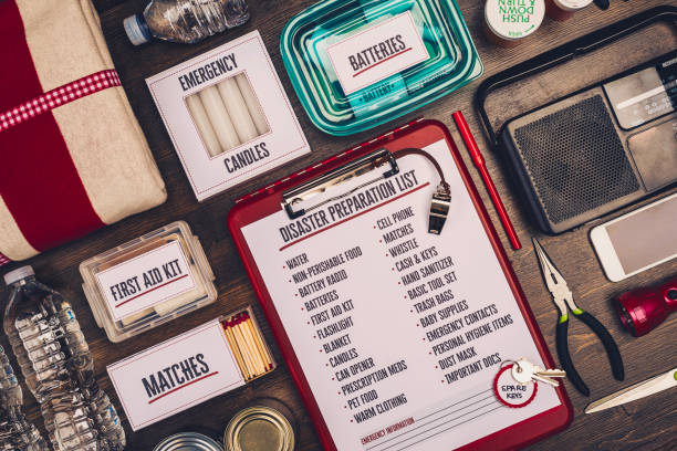istock Disaster preparation kit flat lay. Items needed for disaster preparedness 845446874