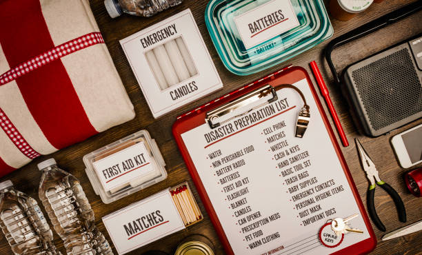 istock Disaster preparation kit flat lay. Items needed for disaster preparedness 845446914
