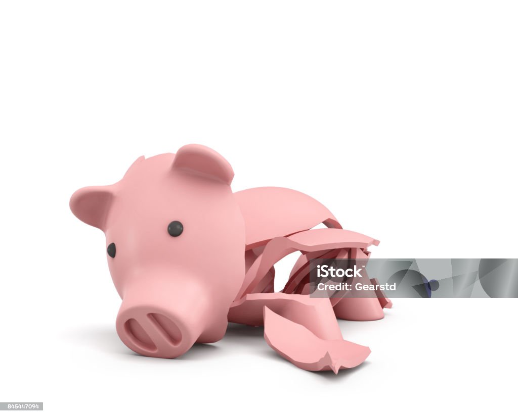 3d rendering of a pink ceramic piggy bank completely broken up into several large pieces 3d rendering of a pink ceramic piggy bank completely broken up into several large pieces. Saving money. Bank insurance. Loss of investment. Piggy Bank Stock Photo