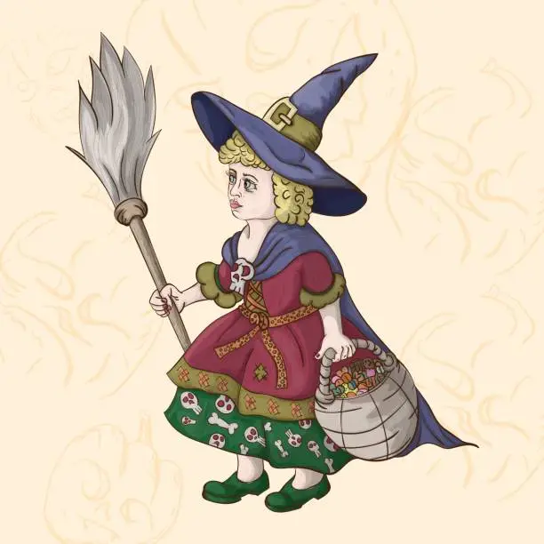 Vector illustration of little girl in a witch costume with a broom and a basket of sweets