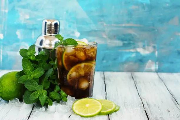 Summer cuba libre cocktail with lime and mint. Space for text