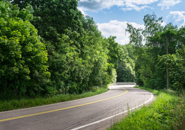 paisaje con camino curvy en día brillante de verano - single line yellow road asphalt fotografías e imágenes de stock