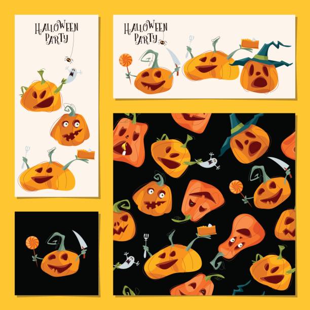 набор из 4 различных карт для вечеринки хэллоуина. шаблон. - kitchen utensil gourd pumpkin magical equipment stock illustrations