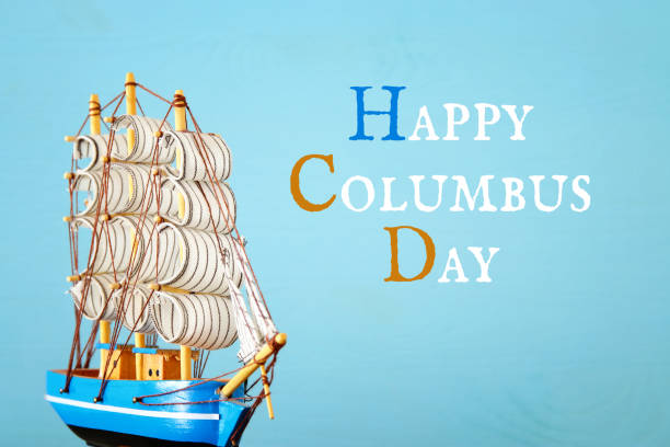istock Columbus day concept with old ship over wooden background 845486584