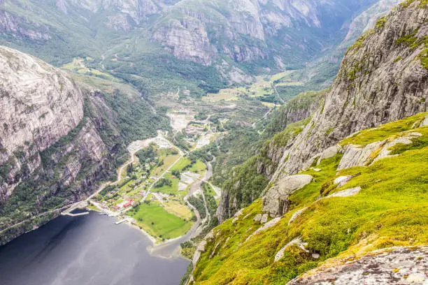 Photo of Aerial View of Lysefjord and Lysebotn from the mountain Kjerag, in Forsand municipality.