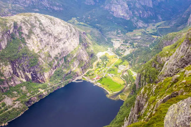 Photo of Aerial View of Lysefjord and Lysebotn from the mountain Kjerag, in Forsand municipality.