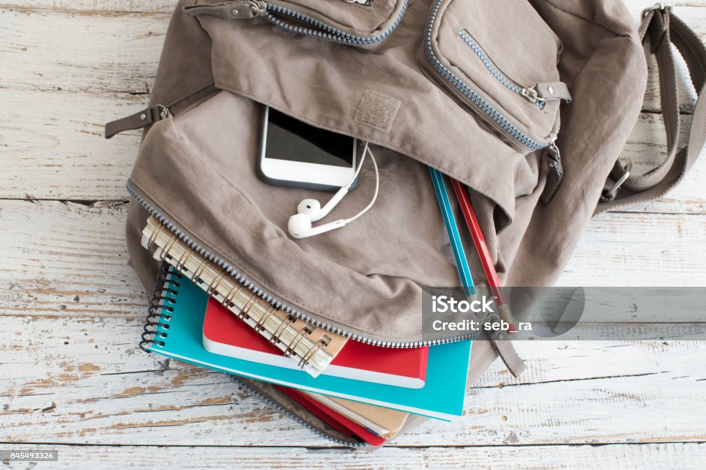 Backpack with school supplies Backpack Stock Photo