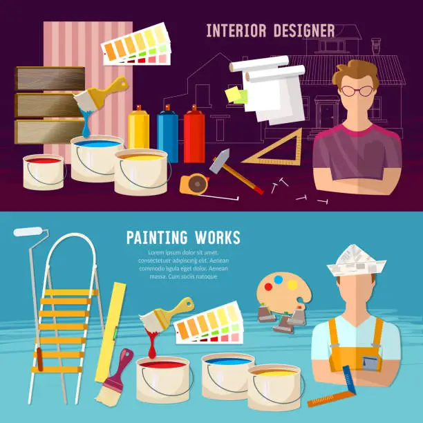 Vector illustration of House repair banner. Painter man work with roller banner. Painter paints walls, wall-paper. Professional instrument of painter. Planning and design of repair home