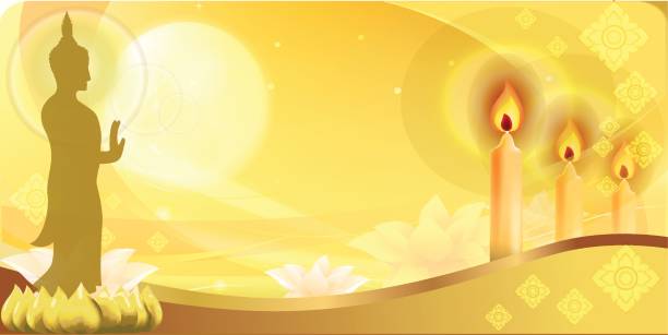 illustrazioni stock, clip art, cartoni animati e icone di tendenza di statua del buddha d'oro e candela accesa con luce sullo sfondo lunare - buddha thailand spirituality wisdom