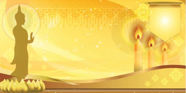 posąg złotego buddy i świeca świetlna ze światłem tła księżyca - buddha thailand spirituality wisdom stock illustrations