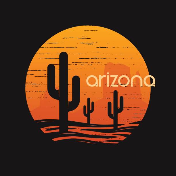 illustrazioni stock, clip art, cartoni animati e icone di tendenza di landsape dello stato dell'arizona. t-shirt e abbigliamento vector design, stampa, tipografia, poster, emblema. - desert arizona cactus phoenix