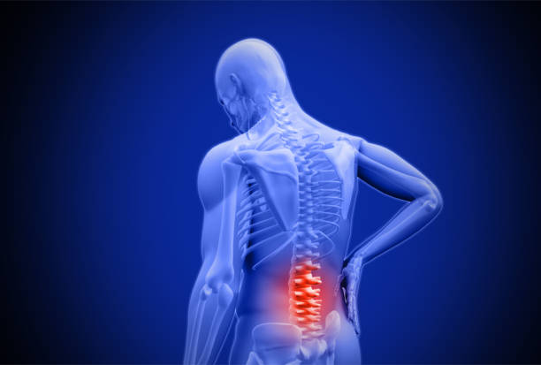 Digital blue human rubbing highlighted red lower back pain stock photo