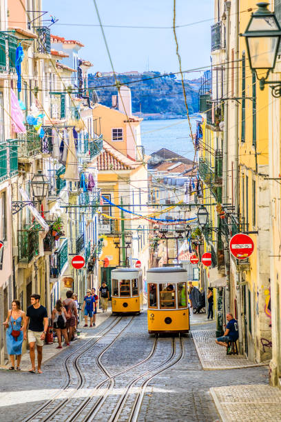 Intersection point Lisbon Funicular Lisbon, Portugal - August 26, 2017: intersection point of two Bica Funicular. The Elevador or Ascensor da Bica is a popular tourist attraction in Chiado District, Lisbon. Tagus river on background. santa justa lift portugal stock pictures, royalty-free photos & images