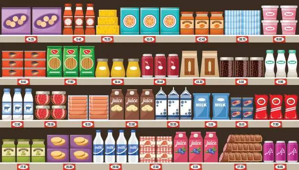Vector illustration of Supermarket, shelves with products and drinks