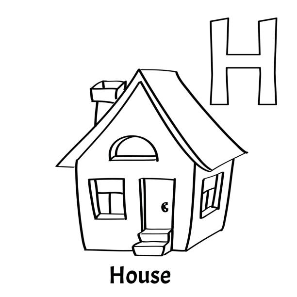 Vector alphabet letter H, coloring page. House Vector alphabet letter H for children education with cartoon house. Isolated. Learn to read. Coloring page. kids play house stock illustrations