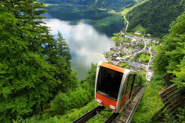 A cable car taking visitors up to Salzwelten; one of the oldest salt mines in the world. The salt mine is located in Hallstatt, Austria.