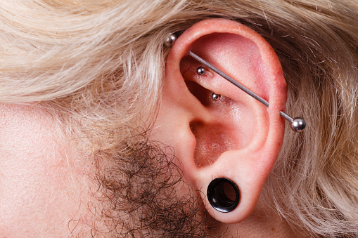 Verlenen Worden Flash Pierced Man Ear Black Plug Tunnel Industrial And Rook Stock Photo -  Download Image Now - iStock