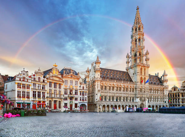 brussels, rainbow over grand place, belgium, nobody - brussels imagens e fotografias de stock