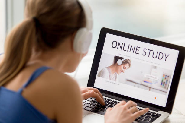 istock Online study concept, young woman wearing headphones searching audio course 845527074