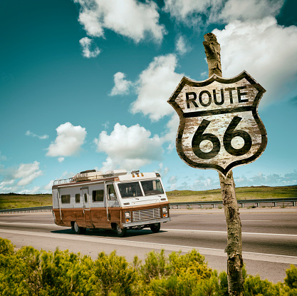 Vintage motor home driving through USA on Route 66