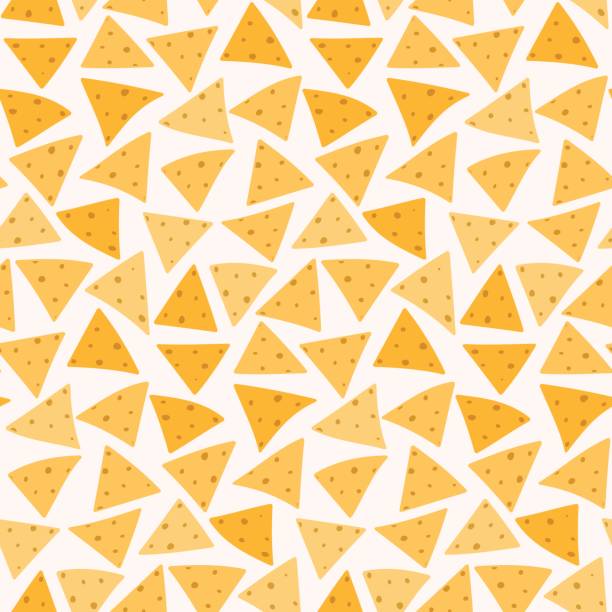 Tasty colorful mexican nachos seamless pattern Tasty colorful crispy mexican nachos seamless pattern. Nice spanish fastfood texture for textile, wallpaper, background, cover, banner, bar and cafe menu design tortilla chip stock illustrations