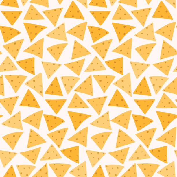 Tasty colorful mexican nachos seamless pattern Tasty colorful crispy mexican nachos seamless pattern. Nice spanish fastfood texture for textile, wallpaper, background, cover, banner, bar and cafe menu design cheese texture seamless stock illustrations