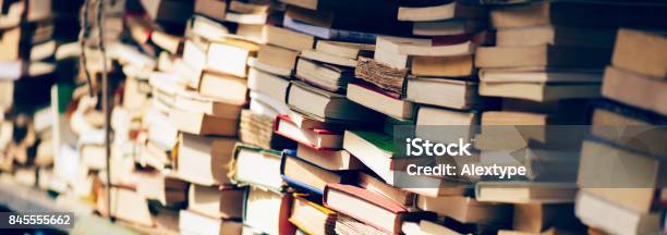 Banner Of Stack Of Books At The Bookshop Stock Photo - Download Image Now - Book, In A Row, Library