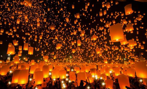 New year and Yeepeng festival in Thailand New year and Yeepeng festival in Thailand, Yee peng is very famus in China, Taiwan and Thailand lanterns at night stock pictures, royalty-free photos & images
