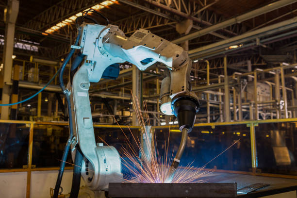 istock Industrial robot is test run new program in car factory 845558176