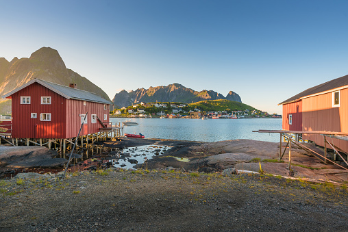 Panoramic view of Lofoten Islands in Norway with sunset scenic
