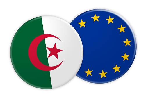 News Concept: Algeria Flag Button On EU Flag Button, 3d illustration on white background