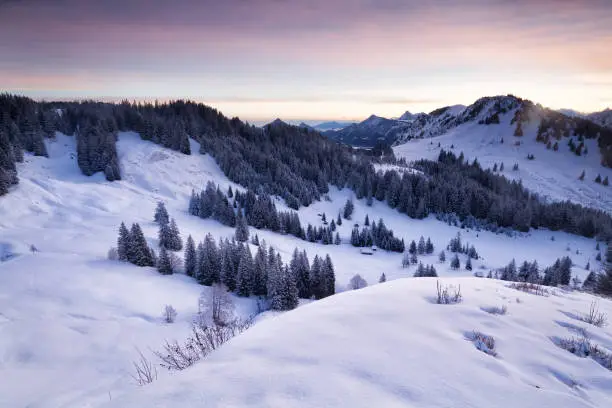 winter snowy mountains in dusk, Germany