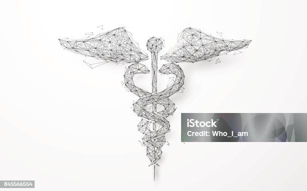 Wireframe Caduceus Medical Symbol Mesh From A Starry Background Stock Illustration - Download Image Now