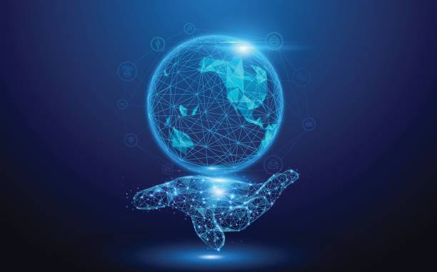 istock Wireframe A Globe Map with social icons on hand sign mesh from a starry on blue background 845566572
