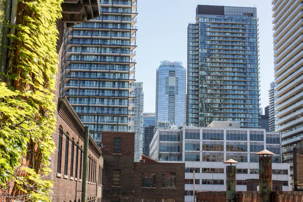 Toronto, Canada - 06 09 2019: Summer came to Toronto city. Summer view from Princess Gates along Lake Shore Boulevard.