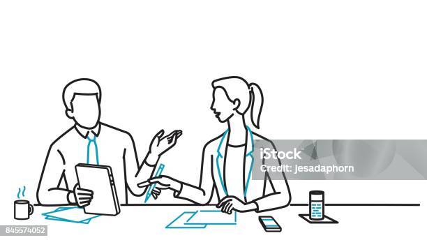 Businessman And Woman Discussing Stock Illustration - Download Image Now - Line Art, Discussion, Characters