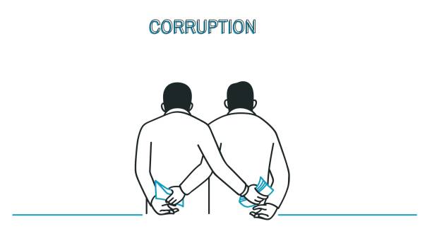 Corruption business man Two businessman exchange money and envelop document behind thier back in concept of corruption. Outline, linear, thin art line, doodle, cartoon, hand drawn sketch. corruption stock illustrations