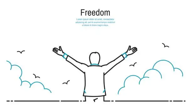 Vector illustration of Happy man stretching hands in the sky