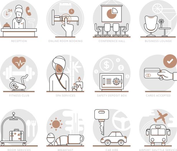 호텔 서비스에 대 한 infographic 아이콘 요소 - hotel reception symbol chair domestic room stock illustrations