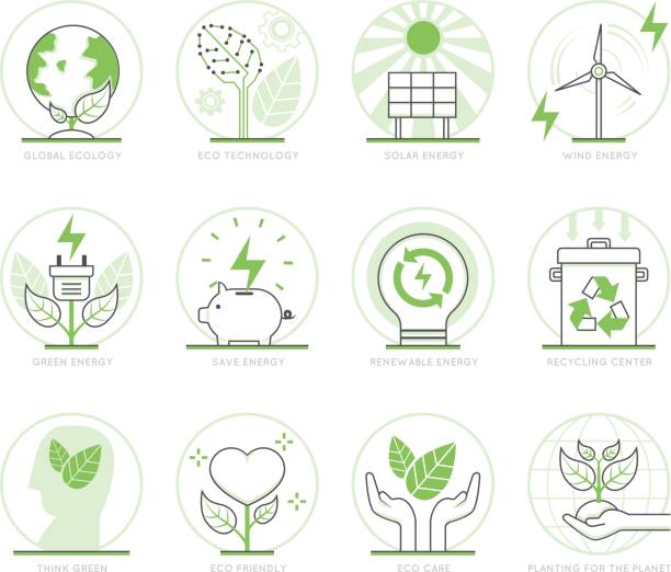 ilustrações, clipart, desenhos animados e ícones de elementos de ícones infográfico sobre natureza e ecologia - central de energia solar