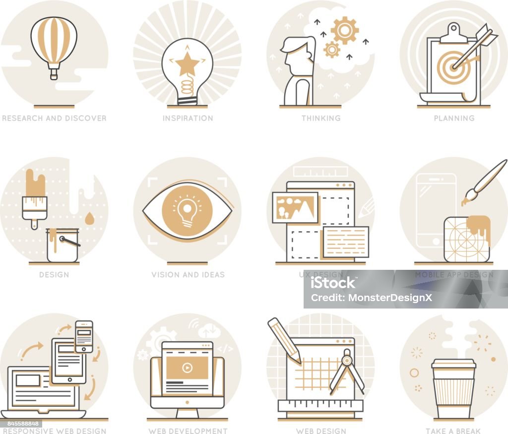 Infographic Icons Elements about Creative Process Infographic Icons Elements about Creative Process. Flat Thin Line Icons Set Pictogram for Website and Mobile Application Graphics. User Experience stock vector