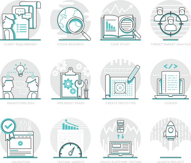 Infographic Icons Elements about Web Development Infographic Icons Elements about Web Development. Flat Thin Line Icons Set Pictogram for Website and Mobile Application Graphics. graphic design case study stock illustrations