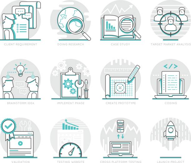 Infographic Icons Elements about Web Development Infographic Icons Elements about Web Development. Flat Thin Line Icons Set Pictogram for Website and Mobile Application Graphics. rocket launch platform stock illustrations