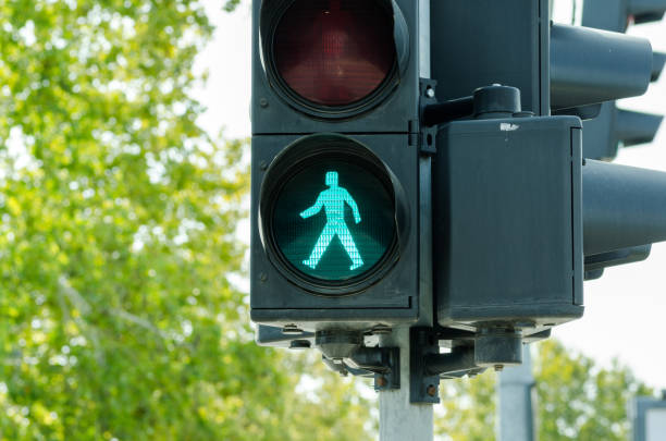 Green traffic light for pedestrians on the crosswalk stock photo